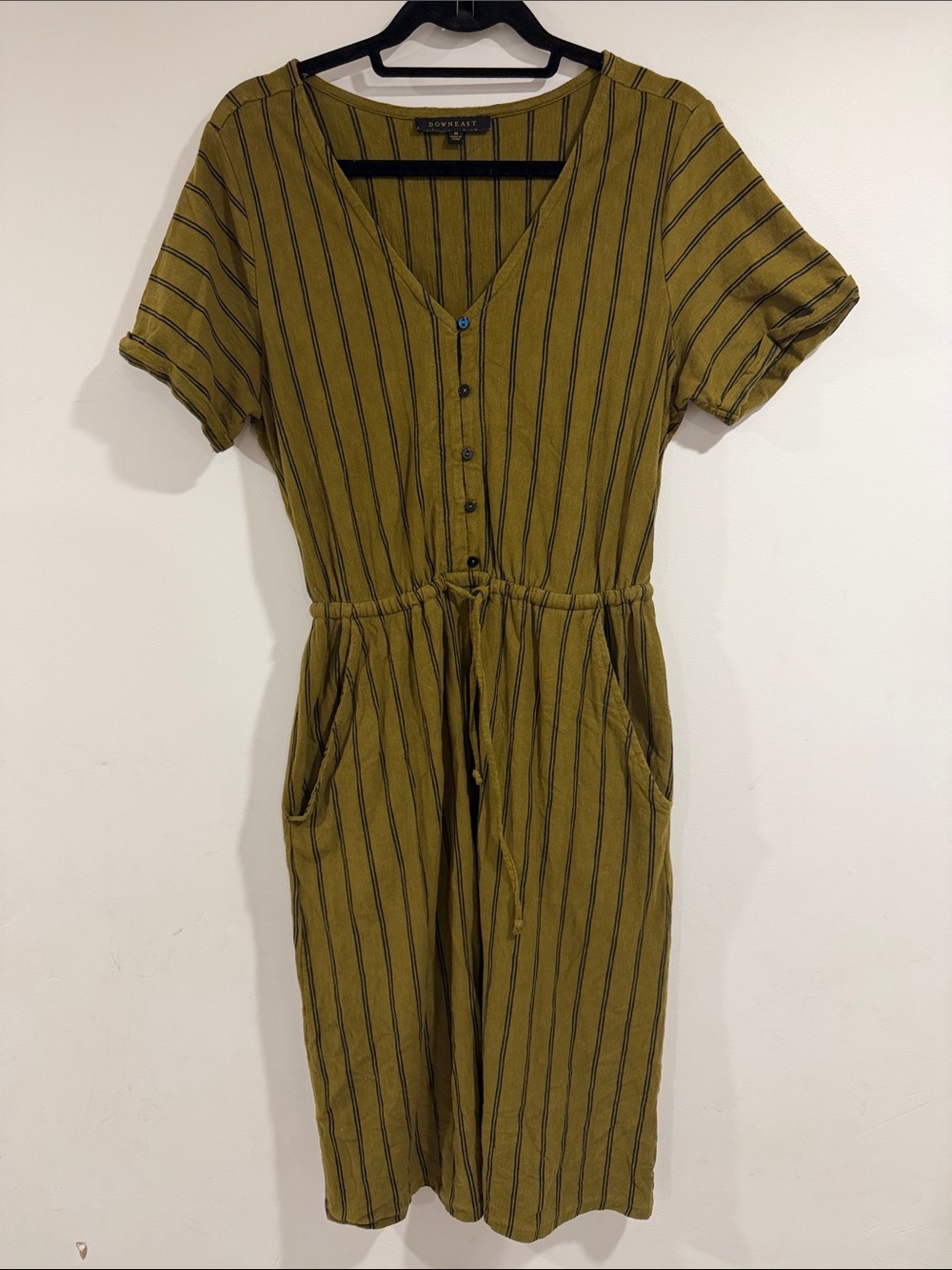 DownEast Women’s Olive Green Striped Button-Front Midi Dress Medium‎